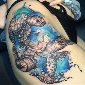 By Andres Guevera from Rosa Negra in Miami @tattooando on instagram #watercolor #seaturtles #watercolortattoos #turtles 