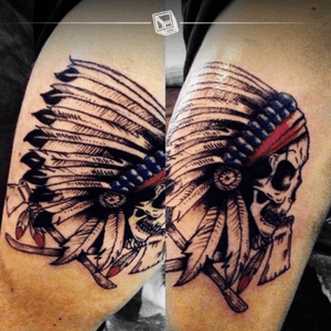 6º Apache Skull (the first one with color) #tattoo #apache #skull #indian #axe #feathers #penacho #bylazlodasilva (art by Javier Acuña) 