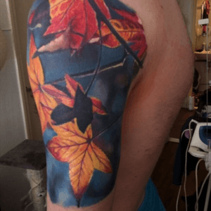 Realistic maple leafs. Artist: Kordell, Tattoos by Kordell, The Netherlands