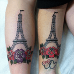 The Mickey/Minnie was done first and then the Eiffel Tower. The other Eiffel Tower tattoo is on my daughter's leg. #MaeLaRoux 