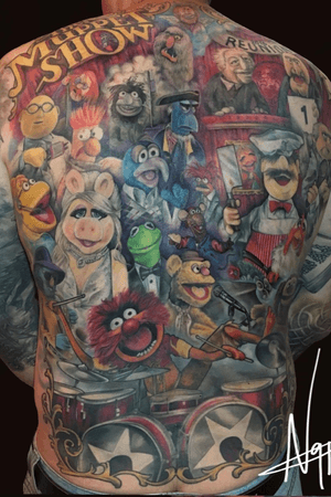 My muppet back tattoo has taken 2 years and 100 hours to complete and im stoke how it turned out. #muppets #backtattoo #backpiecetattoos #colourtattoo #colourrealism #drawingbloodstudio #jimHenson