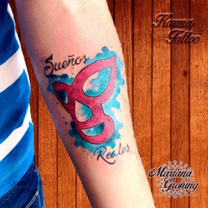 Watercolor mask tattoo #tattoo #marianagroning #karmatattoo #cdmx #MexicoCity #watercolor #watercolortattoo #watercolortattooartist 