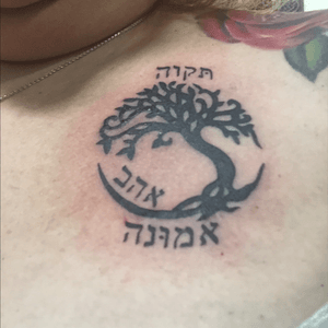 Tree of life with hebrew words meaning faith, hope and love.  