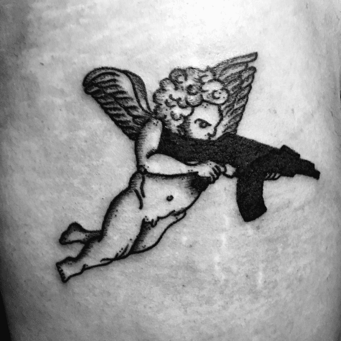 Red Stroke Tattoo  Armed Cupid by chrismilogreg redstroketattoo tattoo  tattoos cupidtattoo cupid love hate ak47  Facebook