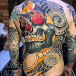 #fullback #tattoo with massive #skull #flames in #color & loads of #black by #tattooartist #daveeblows @daveeblows