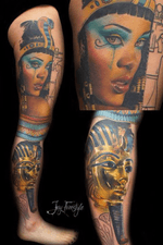 "You mustn't be afraid. I am with you." WORK IN PROGRESS. Having fun with this Egyptian inspired leg-sleeve. Let me know what part you like most about it so far #JayFreestyle #tattoo #tattooartist #watercolortattoo #rihanna #pharao #legtattoo #colortattoo 