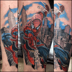 Spiderman #tattoooftheday #tattoo #tattooart #tattooartist #comictattoo #comicbook #spiderman #marvel #marveltattoo #colourtattoo #superhero 