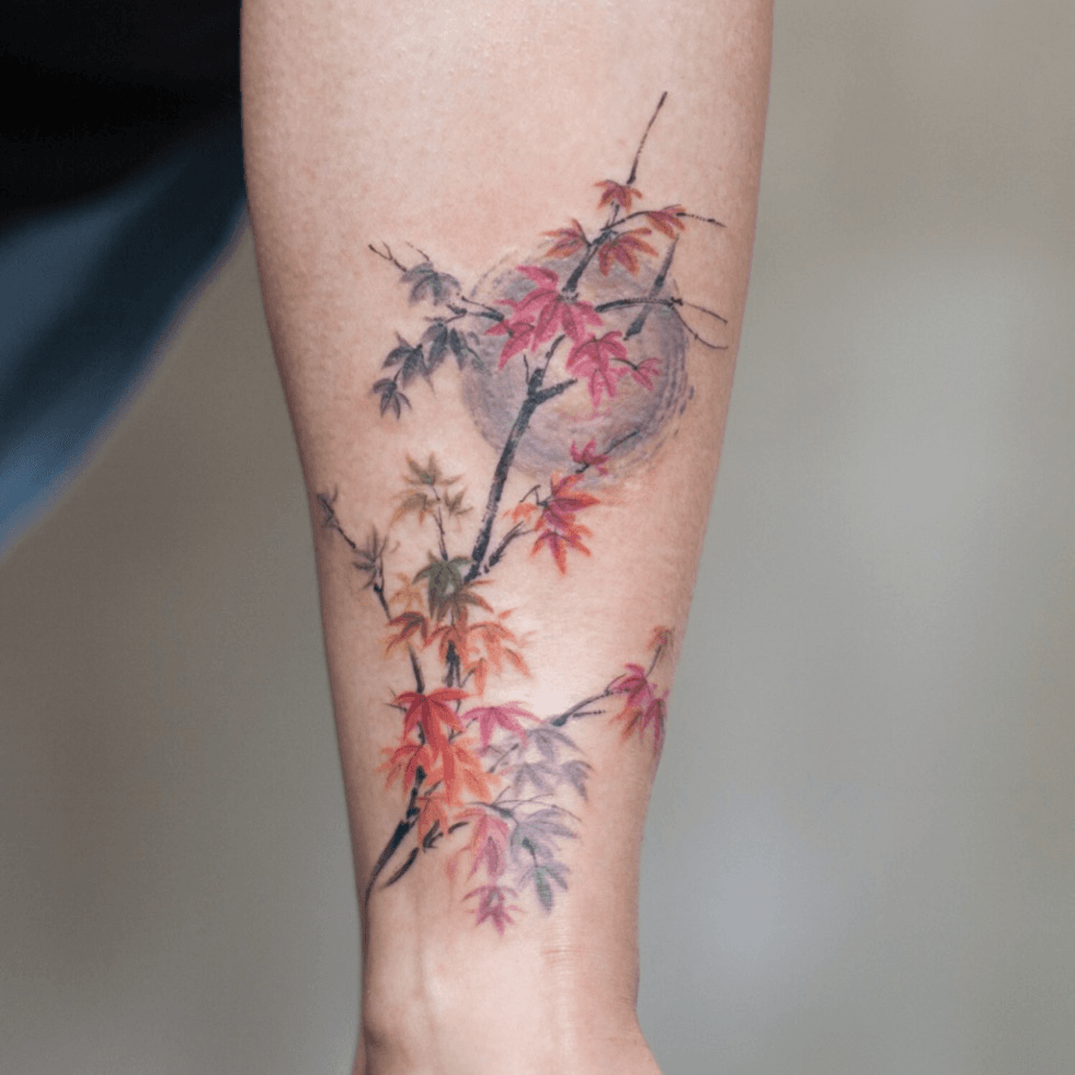 Blank book with japanese maple leaves by Shawn Hebrank TattooNOW