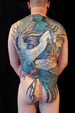 Great blue heron back piece tattoo #heron #blueheron #blueherontattoo #backpiece #fishtattoo #aubreymennella