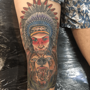 Bear wearing Indian girl as headress coloured, one for the animal kingdom, done by Justin Hodson at Fat Ink Tattoo in Newcastle, Australia. 