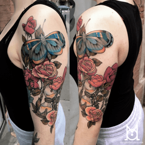 Www.mojitotattoo.com #tattoo #toulouse #ink #colortattoo#roses #butterfly 
