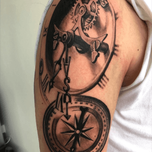 Damon tattoo studio #limassol #tattoo #clock #compass #realistic #cyprus #halfsleeve 
