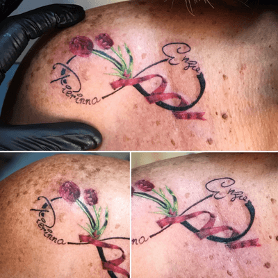 #tattoo #tatuaje #tattooed #beautifultattoo #smalltattoo #ink #inked #inktattoo #amazingtattoos #tattoedmom #ribbontattoo #redribbon #redflower #redtulips #tuliptattoo #infinity #infinitytattoo #shouldertattoo #colortattoo