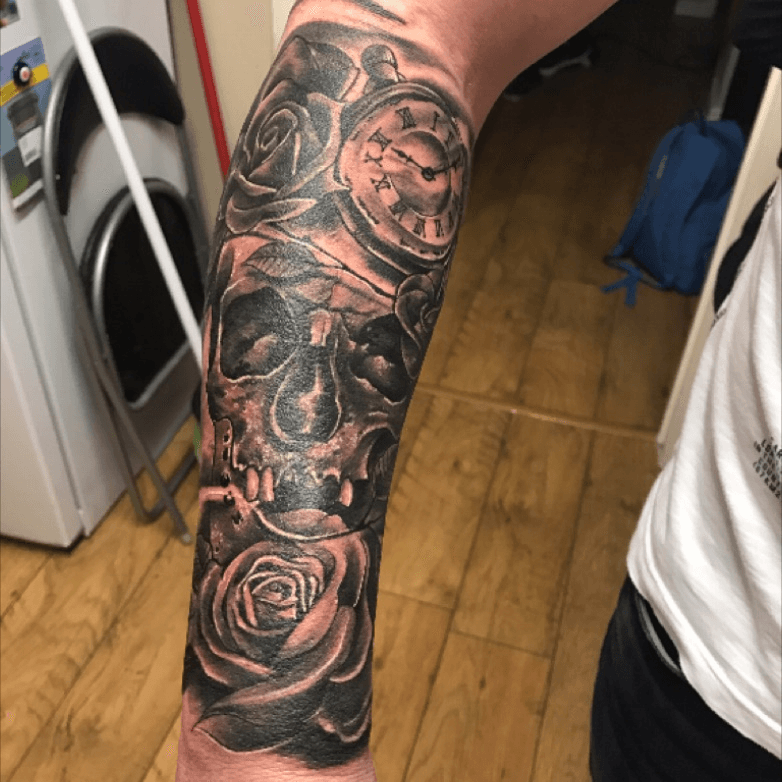 Rose and clock black and grey forearm sleeve.