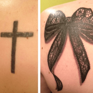 My lace bow cover up that's hiding that crummy little cross i got when i first turned 18. Sorry the sizes are off, obviously the bow is a lot bigger than the tiny little cross that i zoomed in on. #lace #bow #coverup #cross #black #tattoo #back #detail 