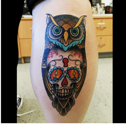 Freshly done. Love it. Me and my best friend got matching ink. 💜 #owl #sugarskull #owltattoo #sugarskulltattoo #girlswithtattoos #girlswithink #matchingtattoos #bestfriend #traditional #neotraditonal #neotraditionaltattoos #bright_and_bold #bold #color #boldwillhold 