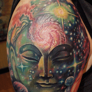 Custom #space #galaxy #buddha #zen tattoo by Sean Ambrose at Arrows and Embers Tattoo in Concord, NH. Thanks for looking! #tattoooftheday