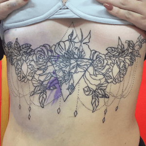Outlines done! One more session to go!#floral #underboob #chandelier #workinprogress #flowers #flower