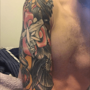Half sleeve angle 1. Tattoo by Jake Sifford guest spotting at Woodwork Tattoo and Gallery in Poulsbo,WA #traditional #neotraditional #skateboarding 