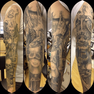 H.r giger sleeve all giger apart from the top piece on my shoulder that is a custom piece from the artist #h.rgiger #sleevetattoo 