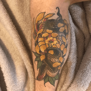Tattoo by Jeff Thompson at Woodwork Tattoo and Gallery in Poulsbo,WA #neotraditional #japanese #snaketattoo #chrysanthemum 