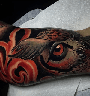 Owl tattoo as part of a neo trad sleeve. 