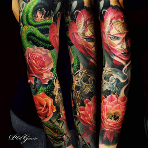 #PhilGarcia #sleeve #jungle #flowers #lotus #rose #snake #woman#portait #hyperrealism 