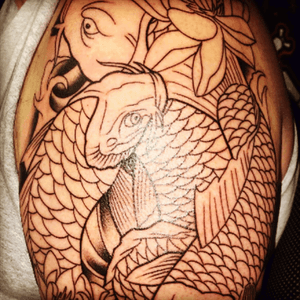 Bad ass #koi, phase 1 complete.  Color scheduled for mid June.  Work done by Rob Kells at Kelltic Ink Mohnton, PA