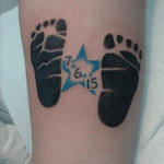My son's birthday and footprints. Done by the Rev. Charles Cain at Mark of Cain Tattoo, October 2015 #baby #footprints #freehandtattoo #freehand 