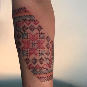 Cross stitch tattoo in huichol (one of the most interesting native cultures in mexico) style #tattoohuichol #huichol #crossstitchtattoo 