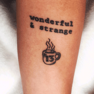 "wonderful & strange" by Dave Husslebee. Coffee cup by Kevin McKesting. Both at Precision Body Arts in Nashua, NH. #TwinPeaks #damnfinecoffee #blackandgreytattoo 