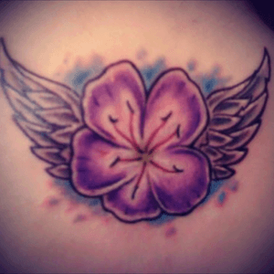 Violet with wings in memory of my grandfather. #firsttattoo #remembrance #sweetviolets #myguardianangel #backoftheneck 