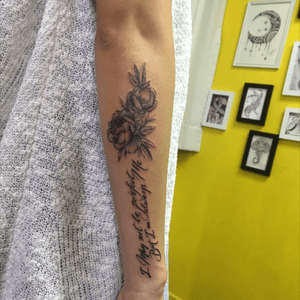 Peony with letteringOriginal design and tattooby Kaiaer SinSince Tattoo Studio#flower #peony #lettering #linework #tattoogirl #scripttattoo #flowertattoo 
