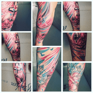 #colorful #sleeve #clocktattoo #anchorwithflowers 