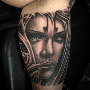 Womans face with biomech. Done by @jeremiahbarba out of Conckave Art Studio Sunset Beach CA. 