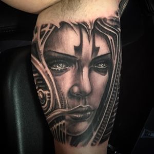 Womans face with biomech. Done by @jeremiahbarba out of Conckave Art Studio Sunset Beach CA.  