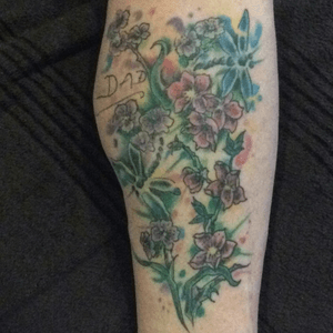 #Memorial Tattoo #leg #flowers #watercolor #dragonflies 