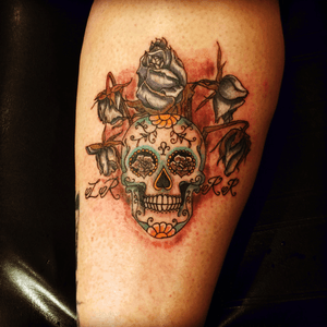 Sugar skull for my Dad. Done by Alan Alexander at Rad a Tat Tattoo Chandler, AZ