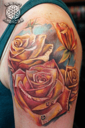 Custom #roses #rose #bouquet #dewdrops tattoo by Sean Ambrose at Arrows and Embers Tattoo in Concord, NH. Thanks for looking! #tattoooftheday