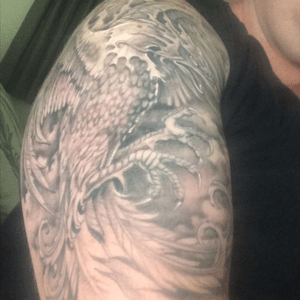 Phoenix in greywash b&w, first tattoo, 4hrs of pleasure, tattoo artist Craig Gemmell, based in New Zealand, taken two weeks after on iphone #phoenix