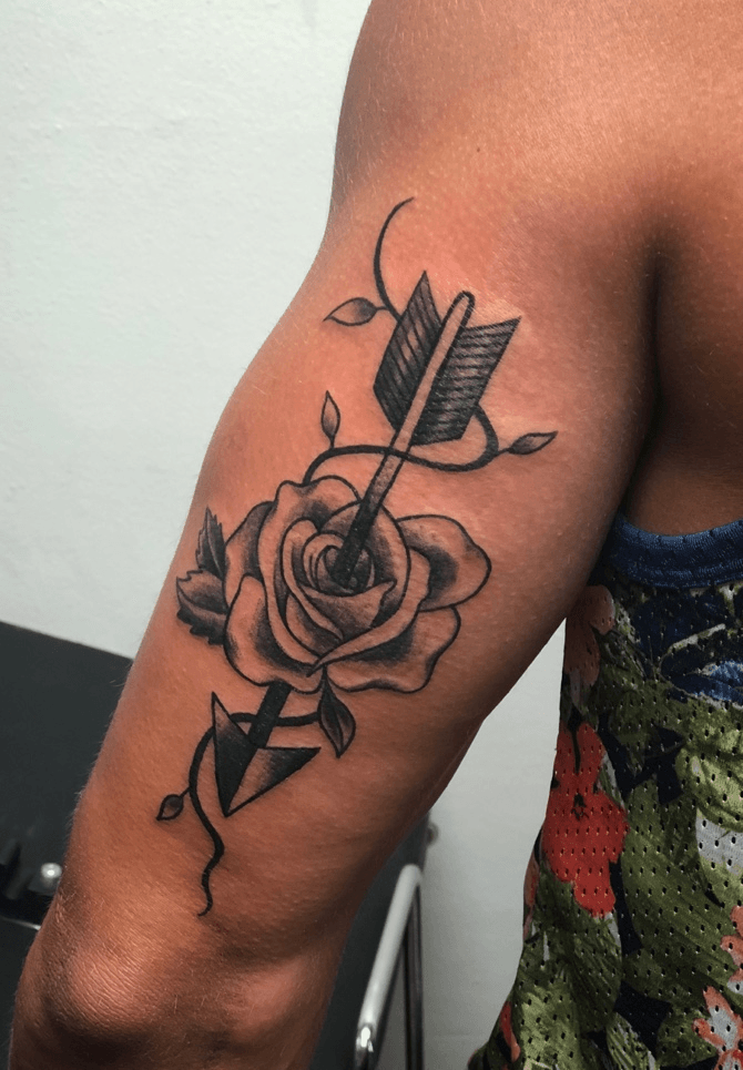 Arm Rose Leaf Arrow Tattoo by Heart of Art