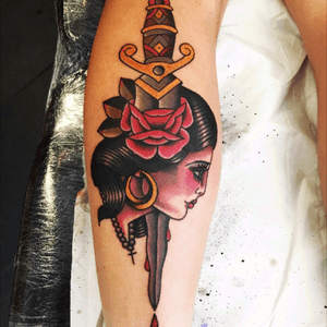 Womens head with dagger and rose #traditional #neotraditional 