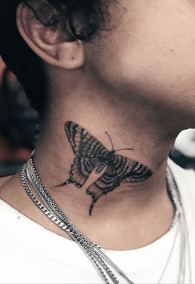 Butterfly on the neck by Big Steve #necktattoos #tattoooftheday #nyctattoos #funcitytattoo