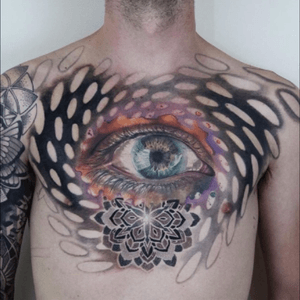 Collaboration tattoo by Corey Divine and Ponywave #realistic #geometrictattoo #eyetattoo #color #chesttattoo 