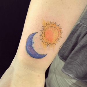 Watercolour and fine line sketch style sun and moon