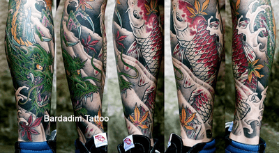 Japanese tattoo. Japanese sleeve. #koi #japanese #japanesetattoo #halfsleeve #irezumi #japanesesleeve #colortattoo #koifish #tattooartist #tattooart #bardadim #legsleeve 