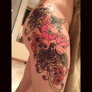 Peonies, spider chrysanthemums, and poppies. Artist: Clare Hampshire at Hot Copper Tattoo, Melbourne.