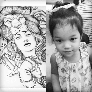 #dreamtattoo   #portrait #realistic #blackandgrey #dreams #realife A fierce lion with flowers and beads but with my babygirls face , pick me pick me pick me😍