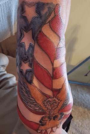 Fore arm american flag/bald eagle designed by me and tattooed by CJ ART