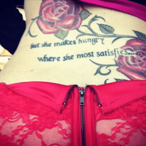 Roses with Shakespeare quote from "Antony and Cleopatra". Tattoo by Faultline Tattoo, Hollister CA